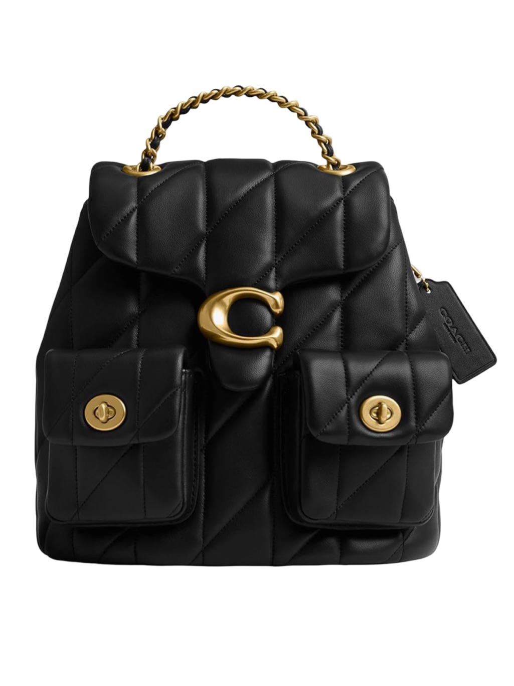 Coach Woman’s Black Quilted Leather Tabby Backpack With Gold Chain Handle